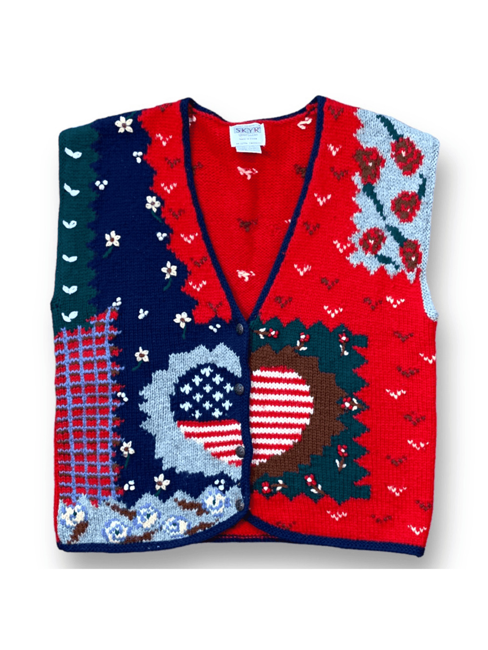 Vintage Wool Knit Sweater Vest Patriotic Heart Red White Blue Americana Cottage